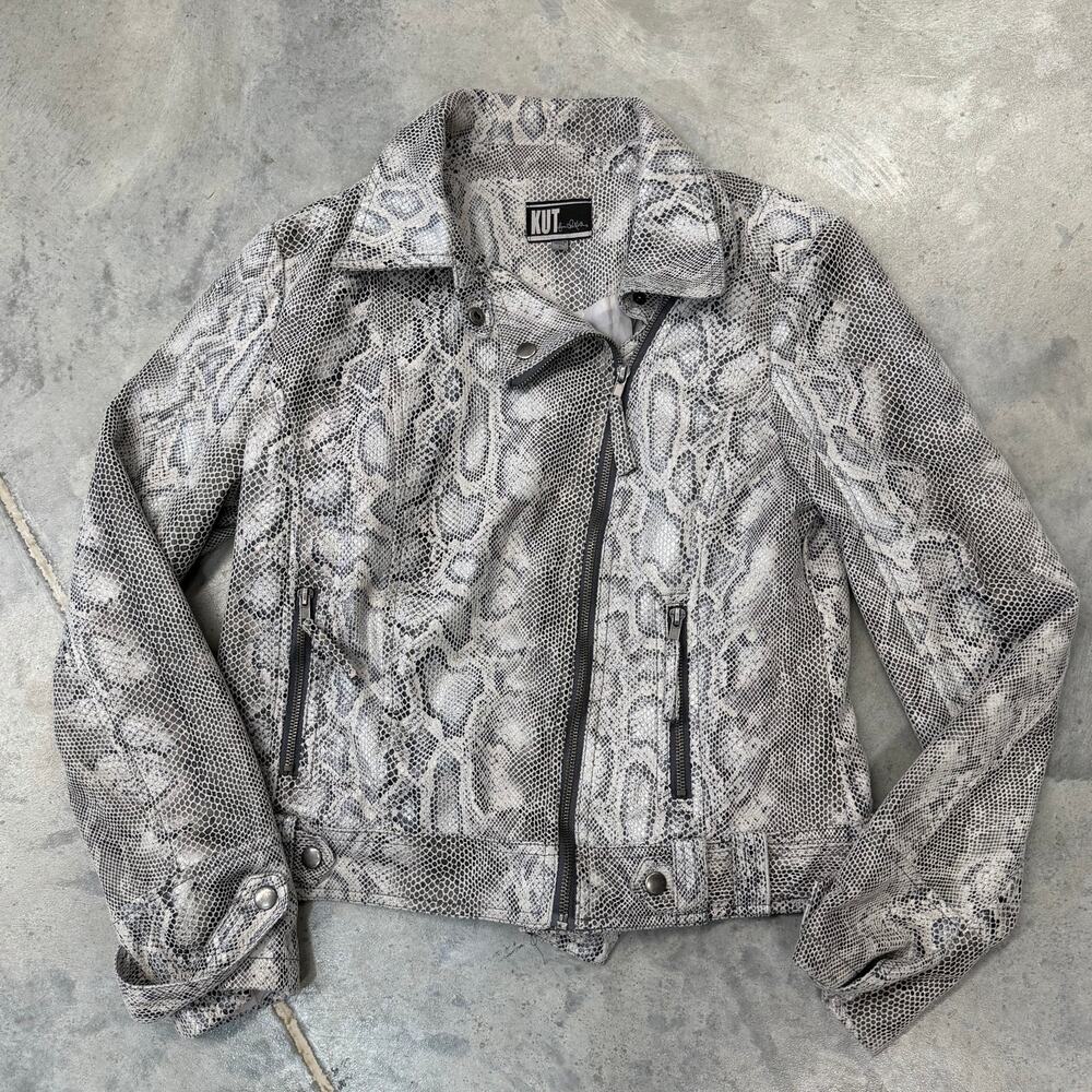 Kut From The Kloth Women Snakeskin Animal Print Zip-Up Moto Biker Jacket L